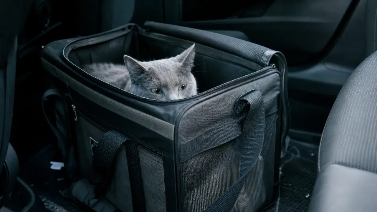 Sac pour chat ventilé et sécurisé dans une caisse de transport pour voiture