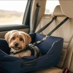 Siege auto pour chien en voiture, installé confortablement, harnais et ceinture