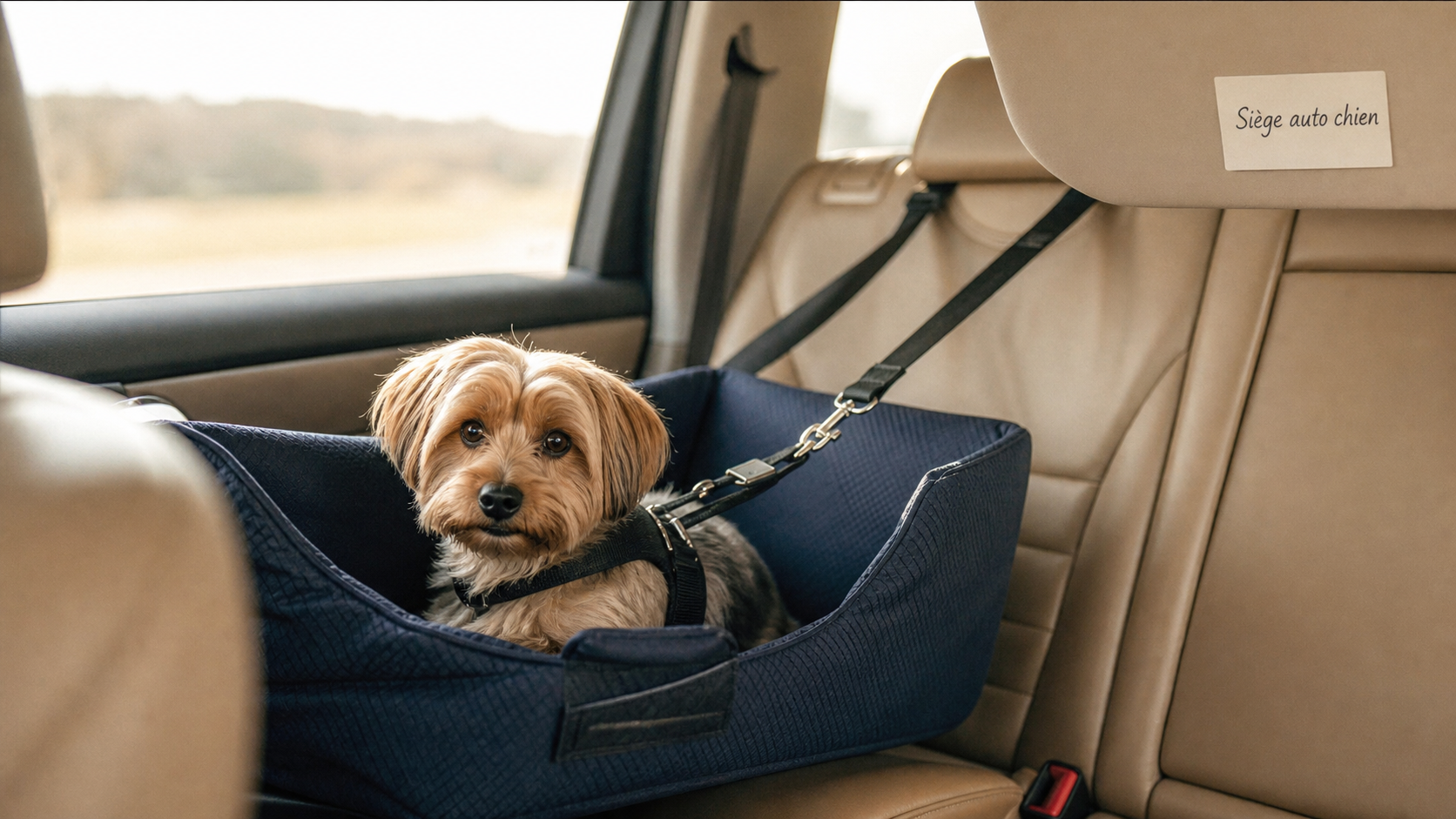 Siege auto pour chien en voiture, installé confortablement, harnais et ceinture