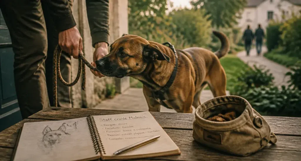 Staff croisé malinois en laisse, calme : caractère et éducation