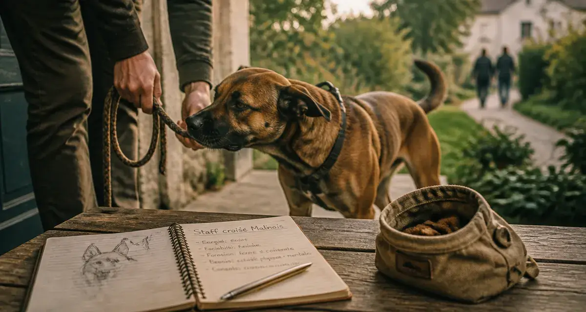 Staff croisé malinois en laisse, calme : caractère et éducation