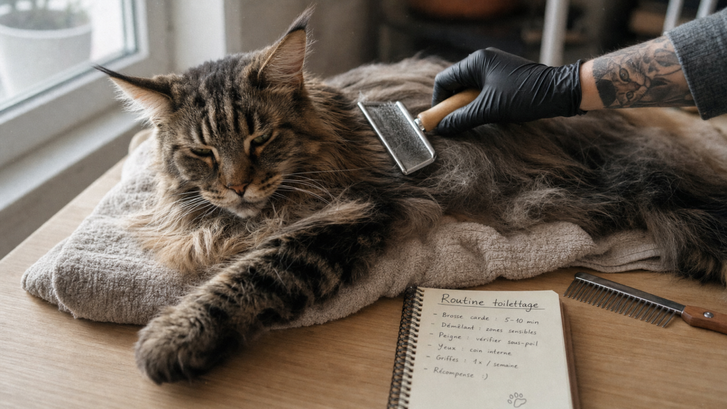 Toilettage maine coon : brossage avec brosse carde et peigne pour éviter les nœuds