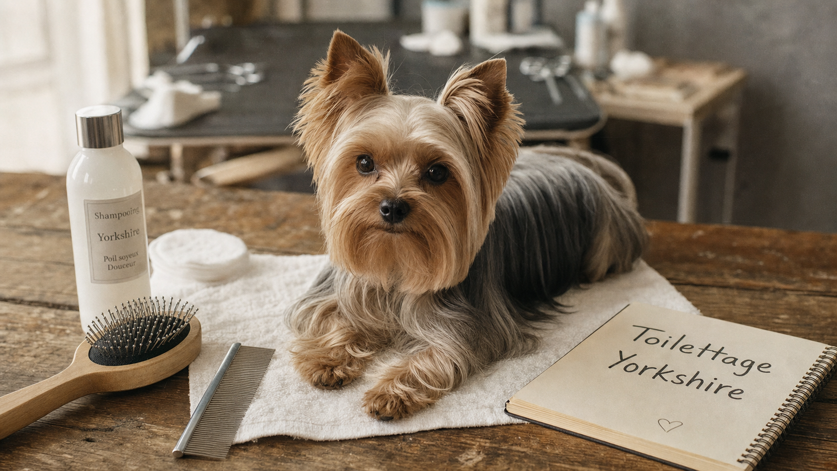 Toilettage pour yorkshire : brosse et peigne sur poil soyeux
