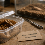 Vers de farine déshydratés dans un sachet, Tenebrio molitor sur plan de travail