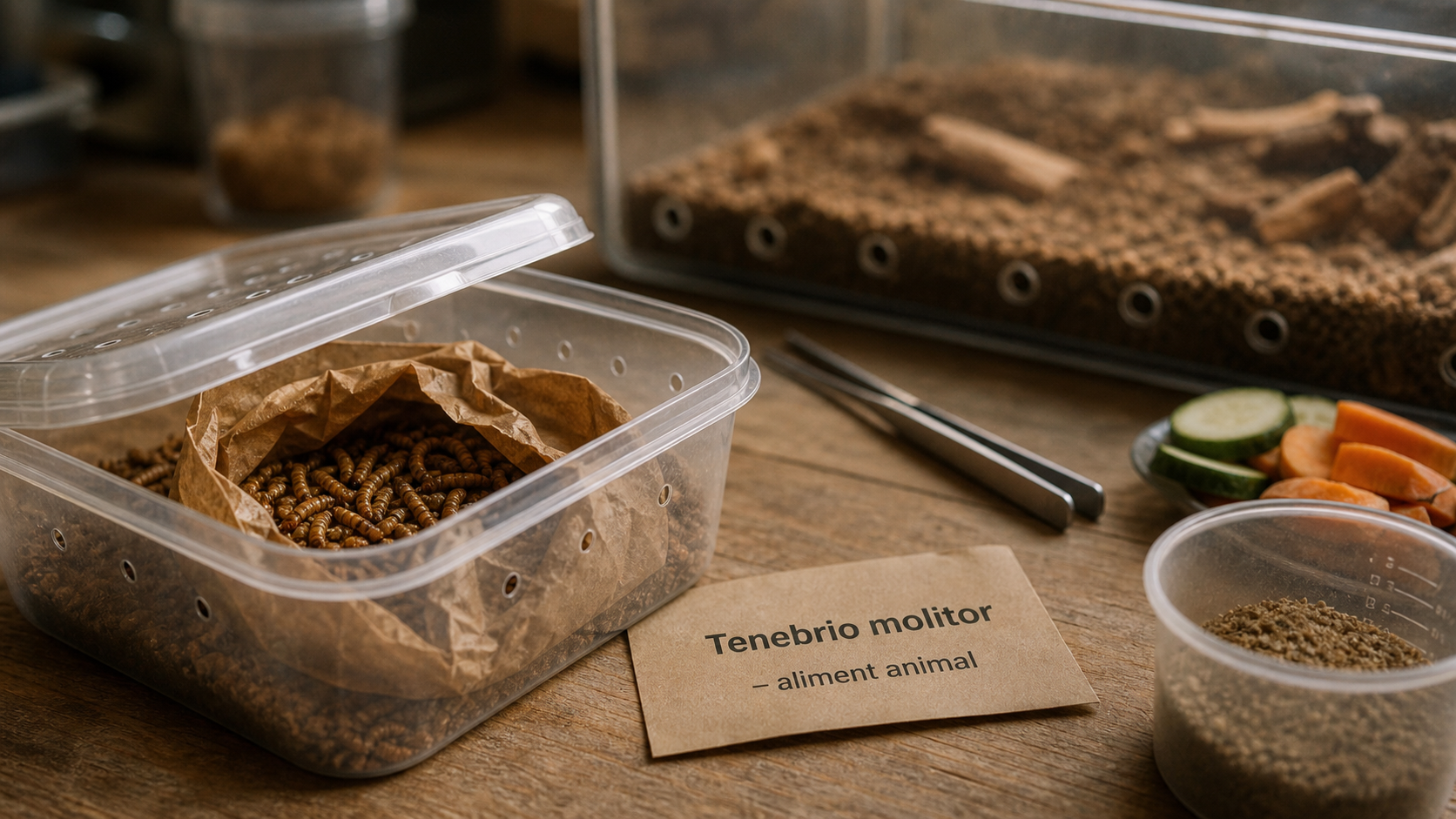 Vers de farine déshydratés dans un sachet, Tenebrio molitor sur plan de travail