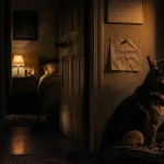 Aboiement chien nuit : chien près de la fenêtre, couloir au crépuscule
