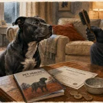 Adopter un staffie : Staffordshire Bull Terrier en intérieur lumineux près des croquettes