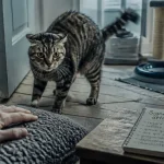 Attaque chat : chat en alerte près d’une porte, main prudente, prévention signes