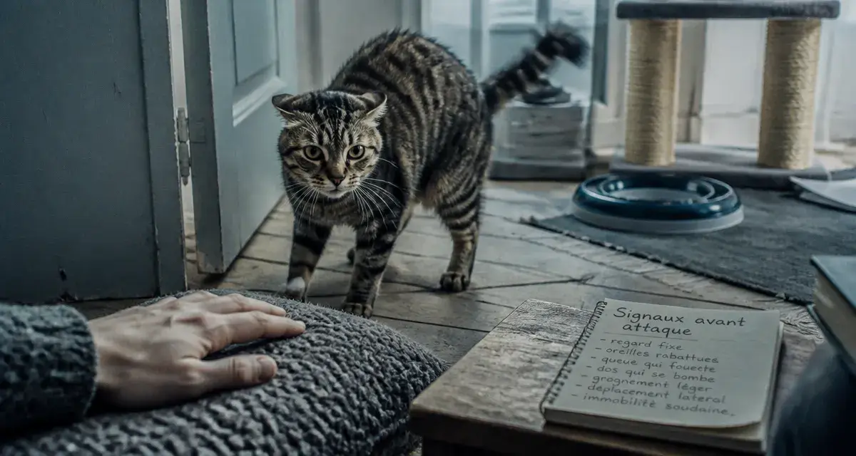 Attaque chat : chat en alerte près d’une porte, main prudente, prévention signes