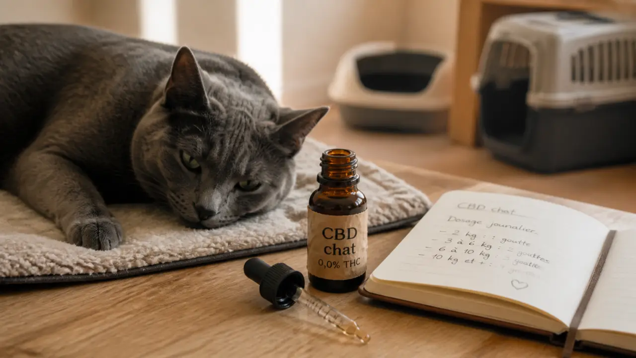 CBD pour chats sans THC : pipette et flacon 0,0% THC sur table