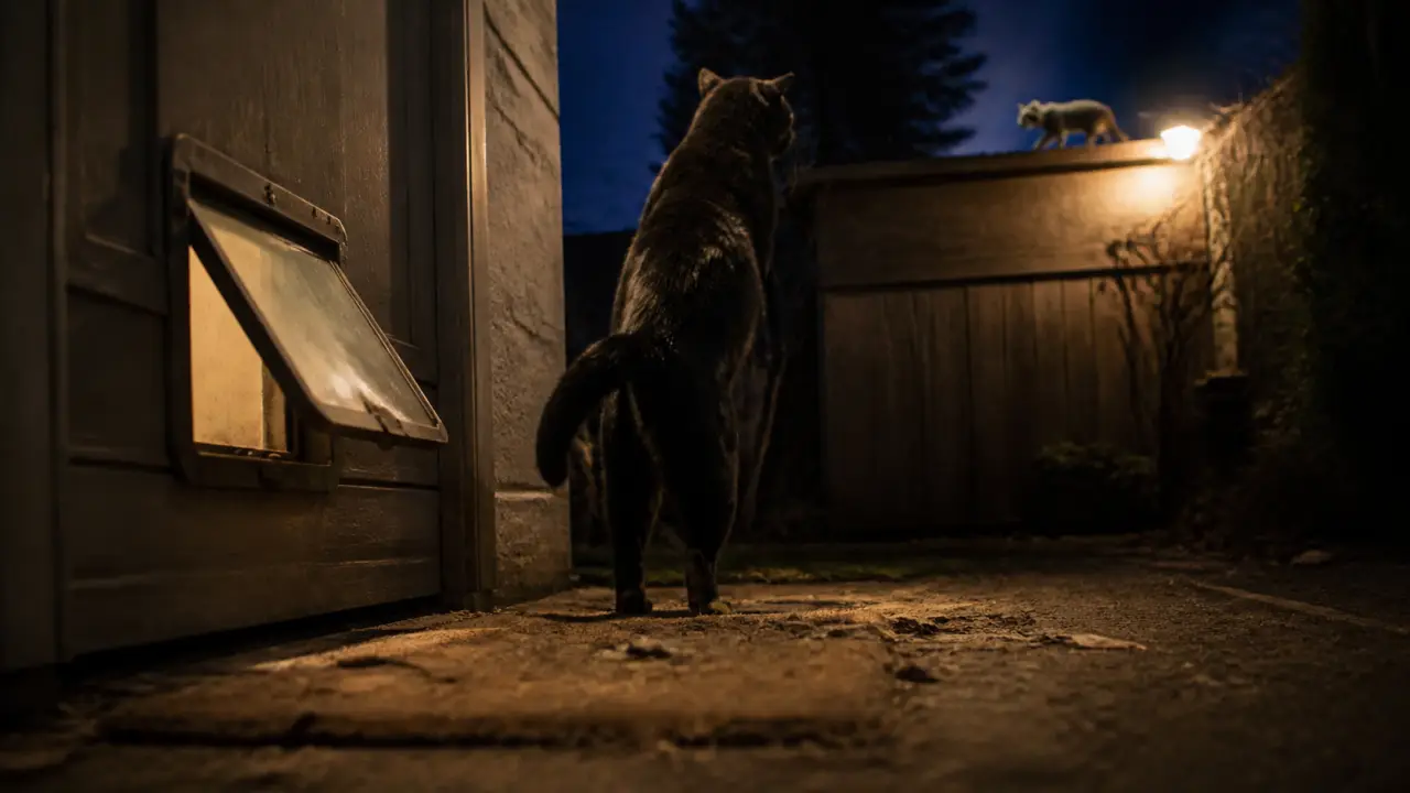 Chat et fouine : chat près d’une chatière, fouine furtive au garage