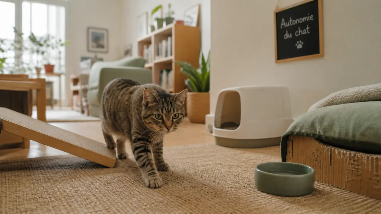 Chats handicapés sur tapis antidérapant, maison adaptée pour autonomie