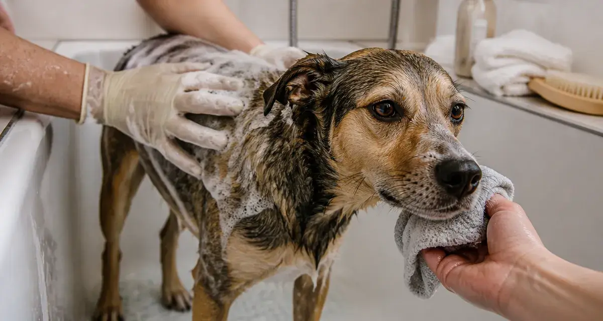 Comment laver son chien : shampoing canin dans une douche