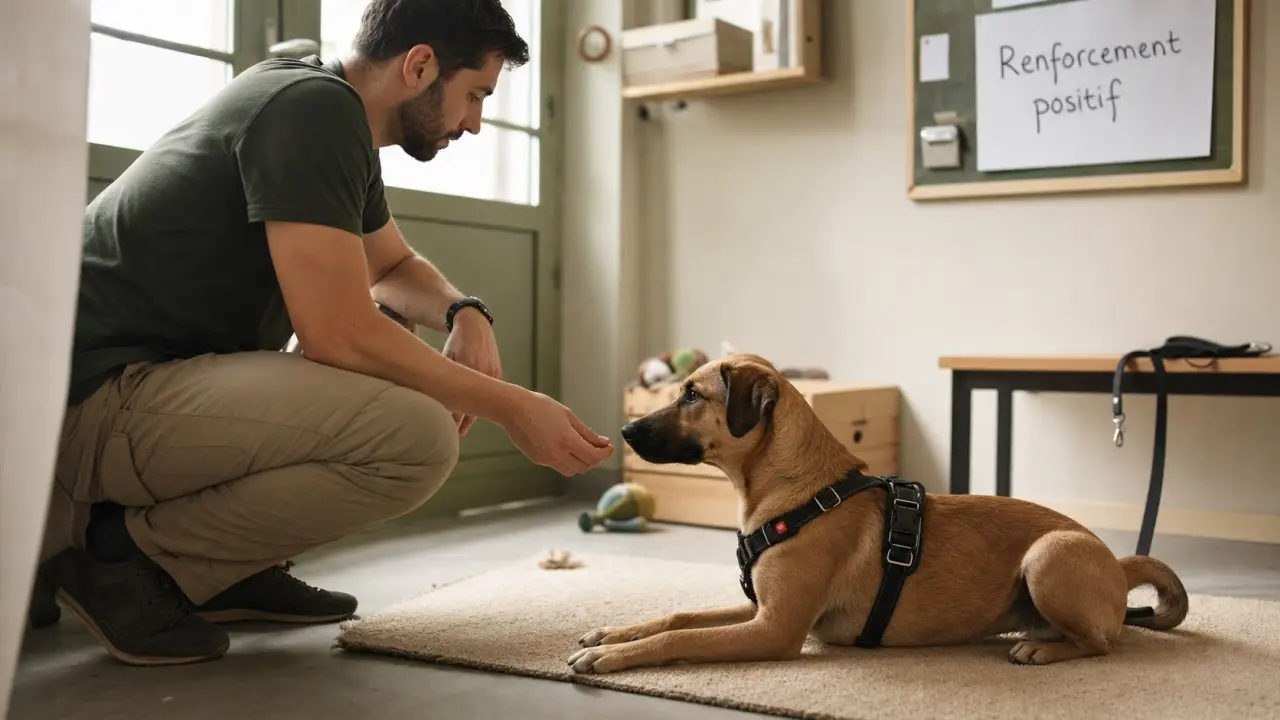 Éducation positive chien : éducateur donne une friandise sur tapis, renforcement positif