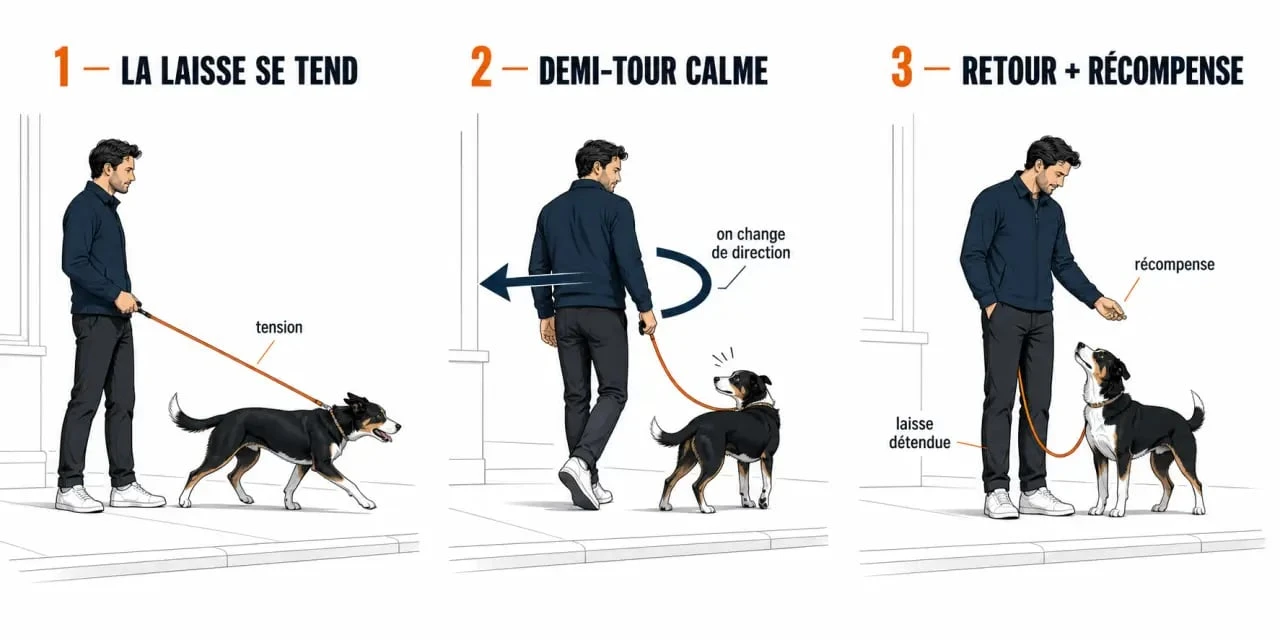 Chien qui tire sur la laisse : démonstration du demi-tour et du retour en laisse détendue