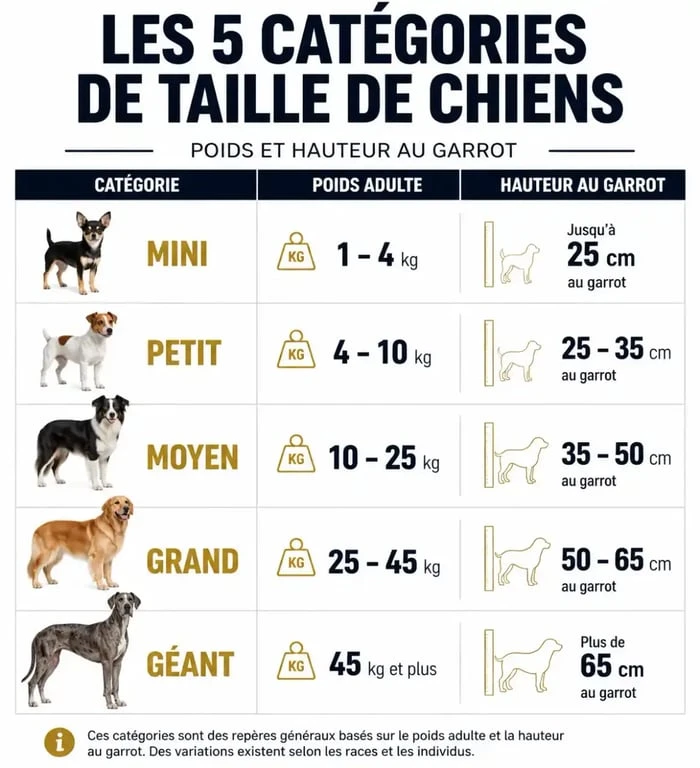 Infographie des catégories de taille adulte chien : poids et hauteur au garrot par type de race