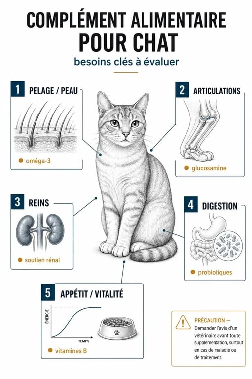 Infographie sur le complément alimentaire chat : besoins, actifs clés et précautions
