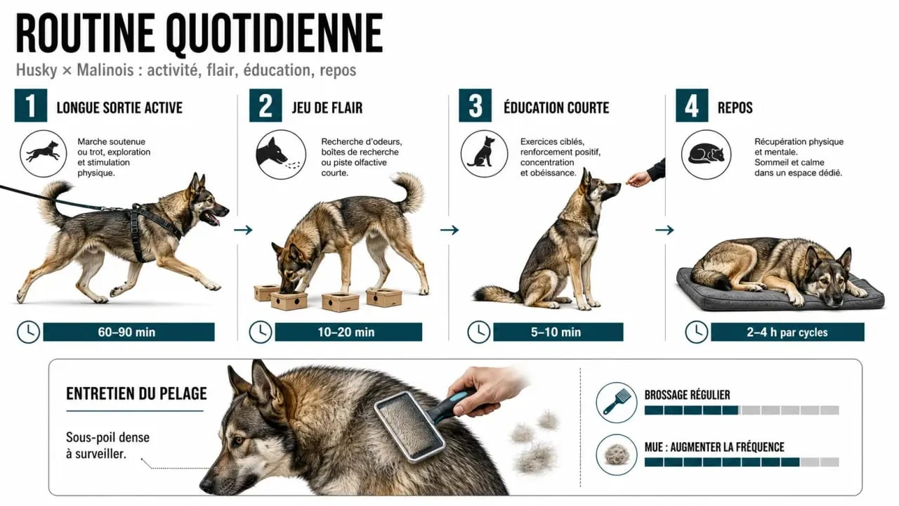 Husky croise malinois : routine d’exercice, d’éducation et d’entretien du pelage