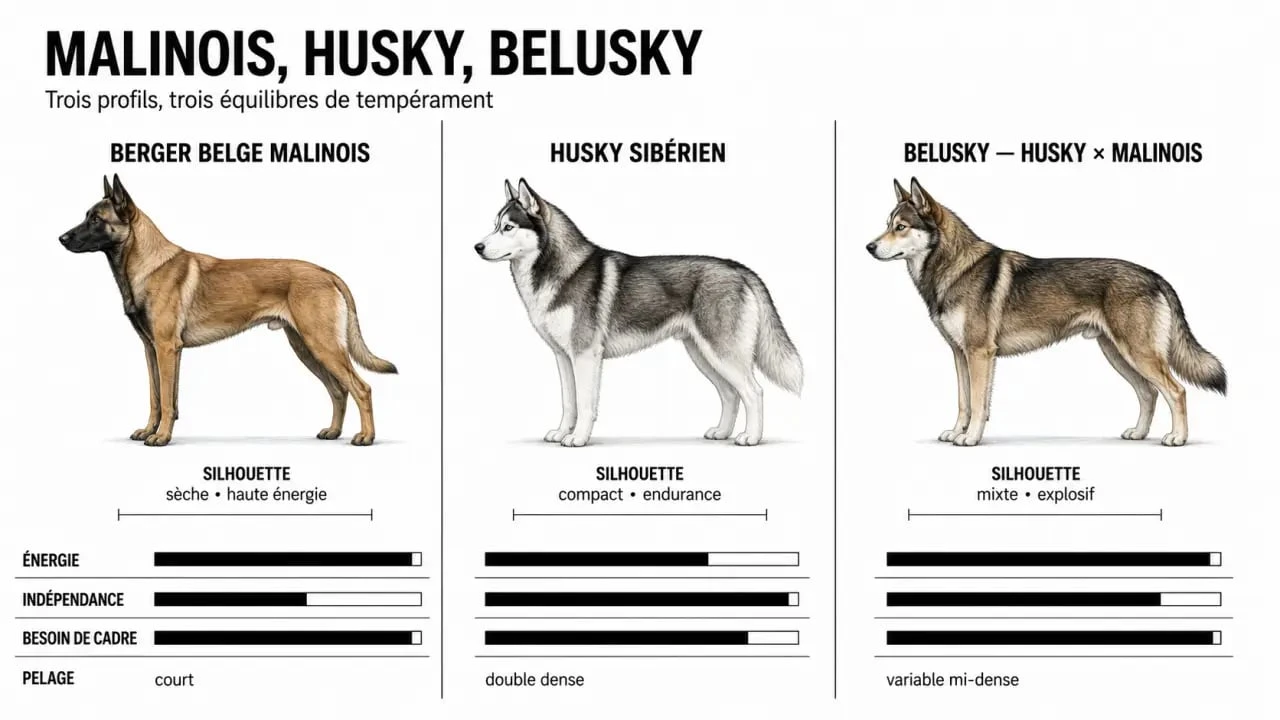 Husky croise malinois : comparaison visuelle entre le Malinois, le Husky et le Belusky