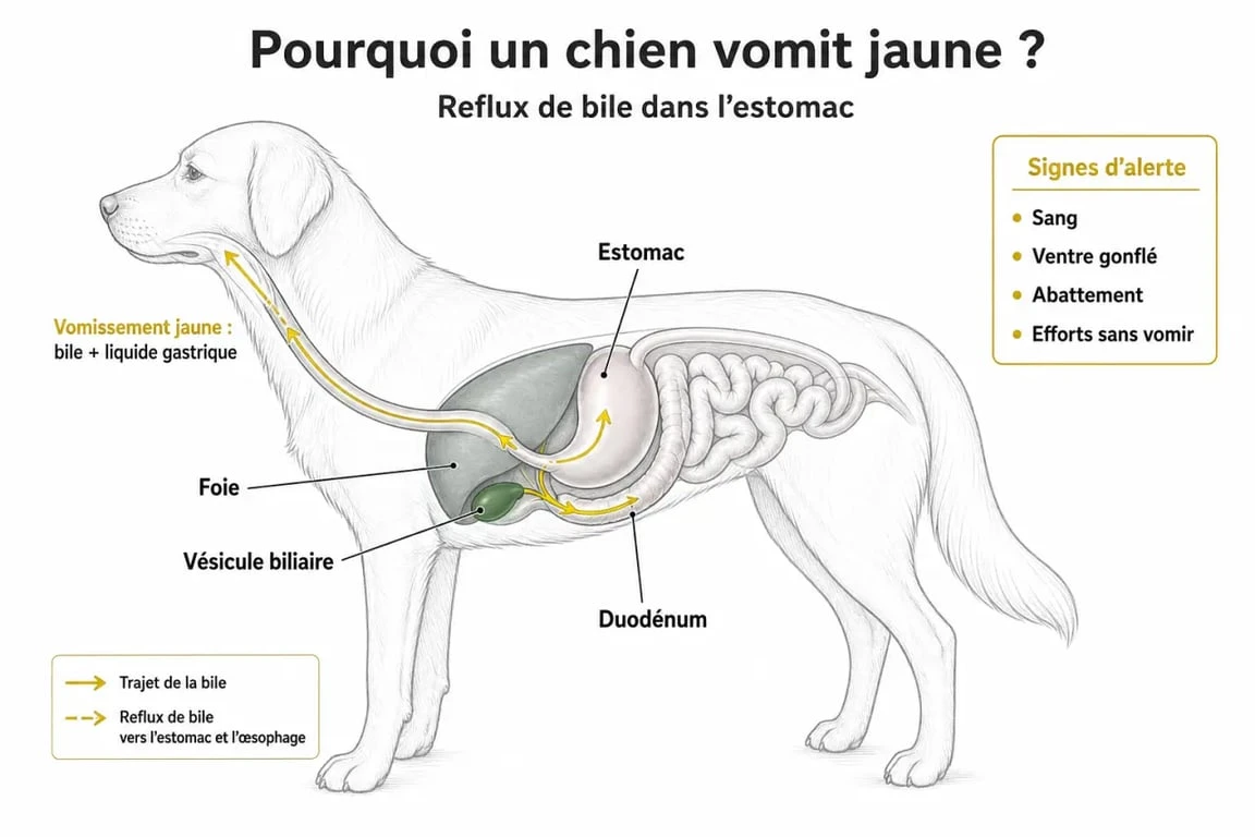 Mon chien vomit jaune : schéma de la bile et des signes d’alerte chez le chien