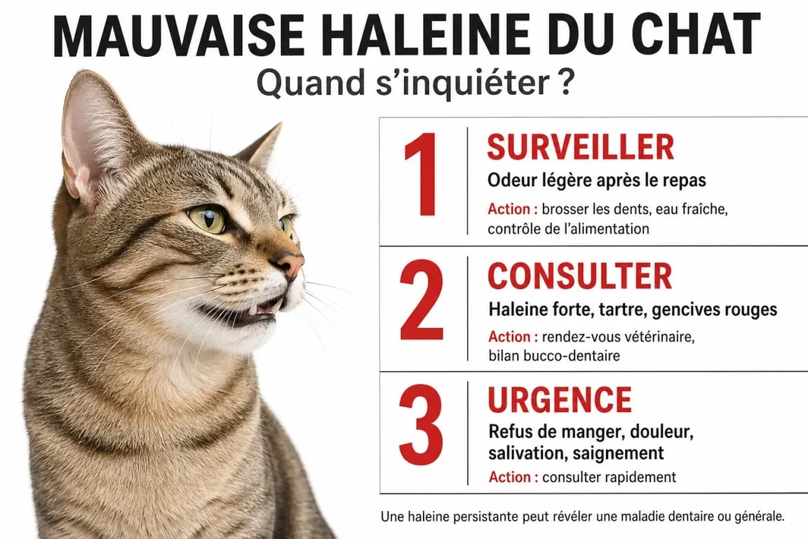 Mauvaise haleine chat : illustration des signes d’alerte, causes possibles et actions recommandées
