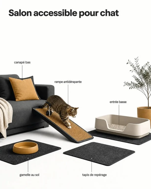 Aménagement d’un salon pour chats handicapés avec rampe et litière basse