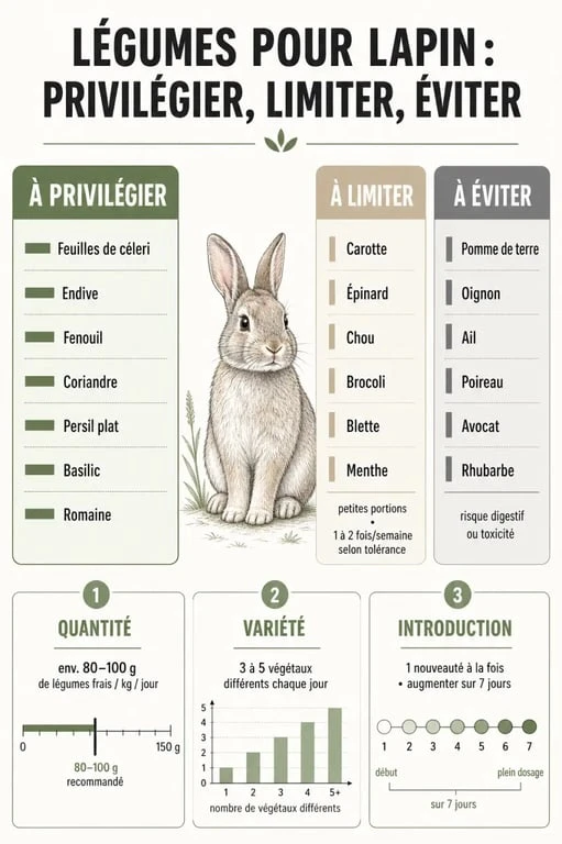 Légumes lapin : infographie des légumes à privilégier, à limiter et à éviter pour un lapin