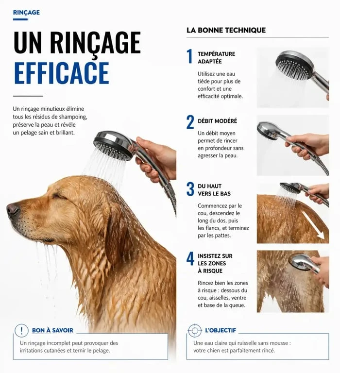 Rinçage minutieux du chien pour éliminer tout résidu de shampoing