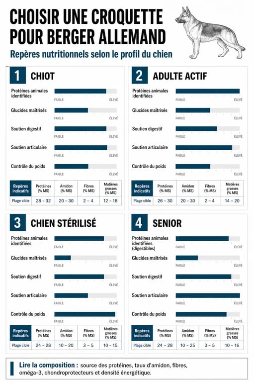Infographie sur la croquette pour berger allemand : critères de choix selon l’âge et les besoins