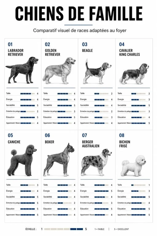 Comparatif des chiens pour famille selon la taille, l’énergie et la compatibilité avec enfants