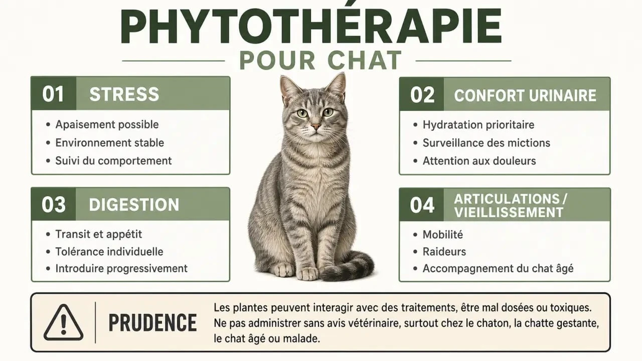 Phytothérapie pour chat : visuel de synthèse sur les usages, les précautions et les principaux besoins du chat