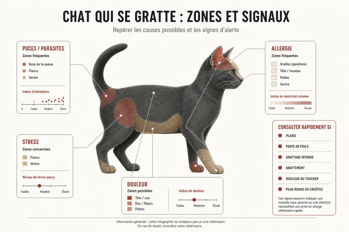 Mon chat s arrache les poils : schéma des zones du corps touchées et des signes d’alerte