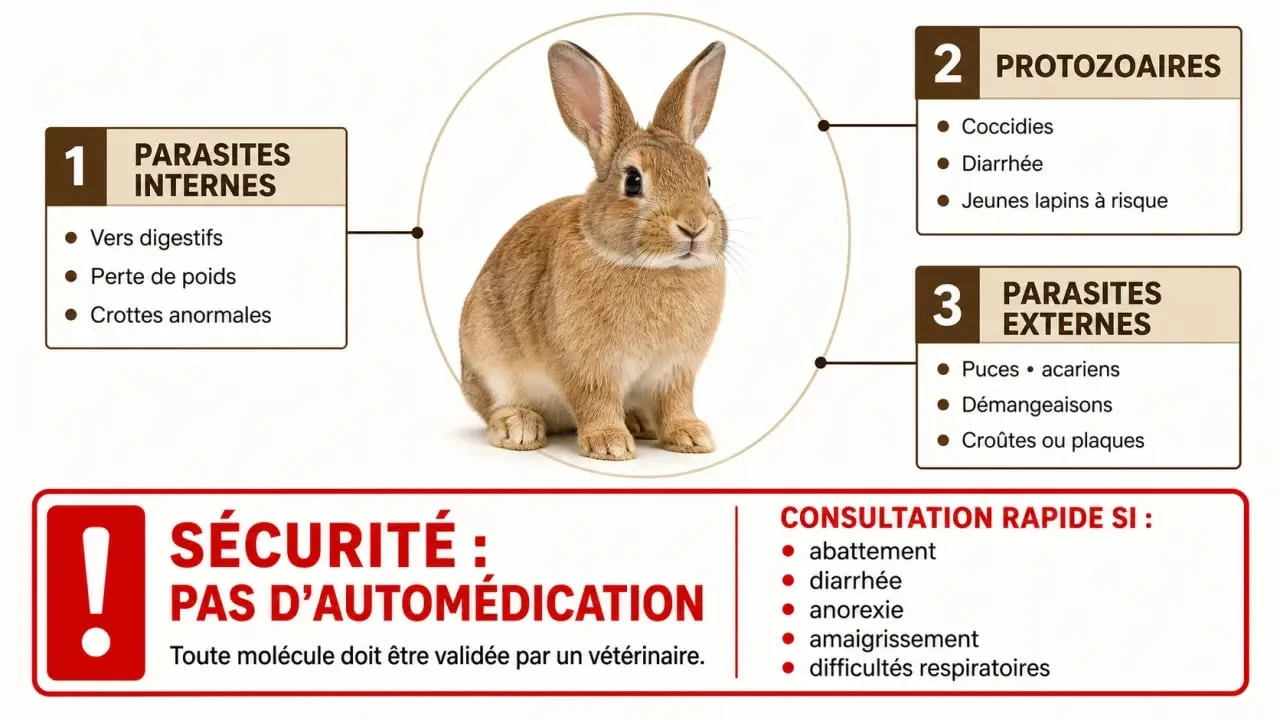 Vermifuge pour lapin : visuel éditorial sur les parasites internes, externes et les précautions vétérinaires