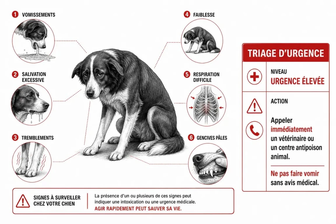 Empoisonnement chien symptome : infographie des signes d'alerte et des actions d'urgence