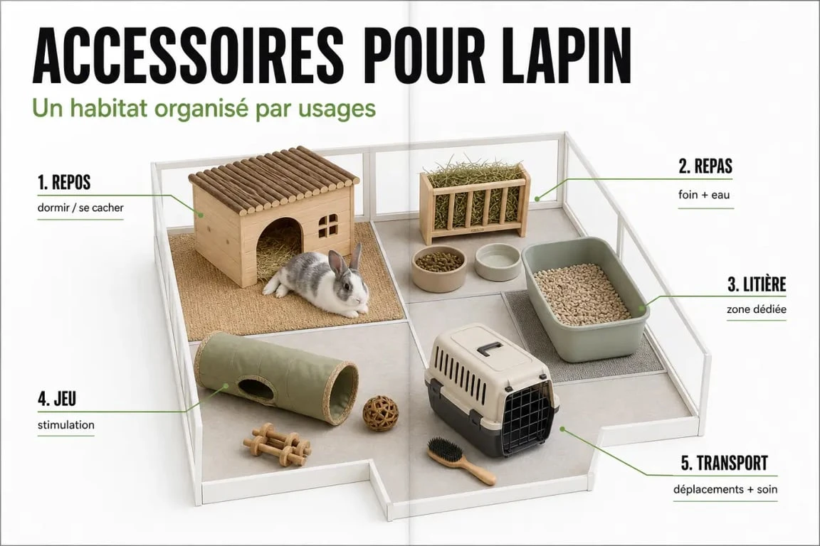 Accessoires lapin : organisation de l’habitat en zones utiles avec les principaux accessoires