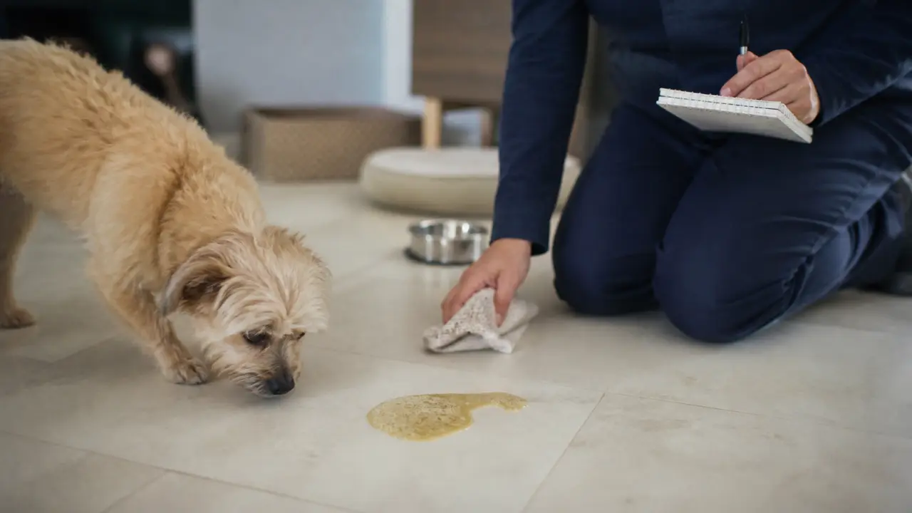 Mon chien vomit jaune, bile sur carrelage, chien inquiété