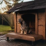 Niche chien avec terrasse en bois, toiture en shingle, toit isolé