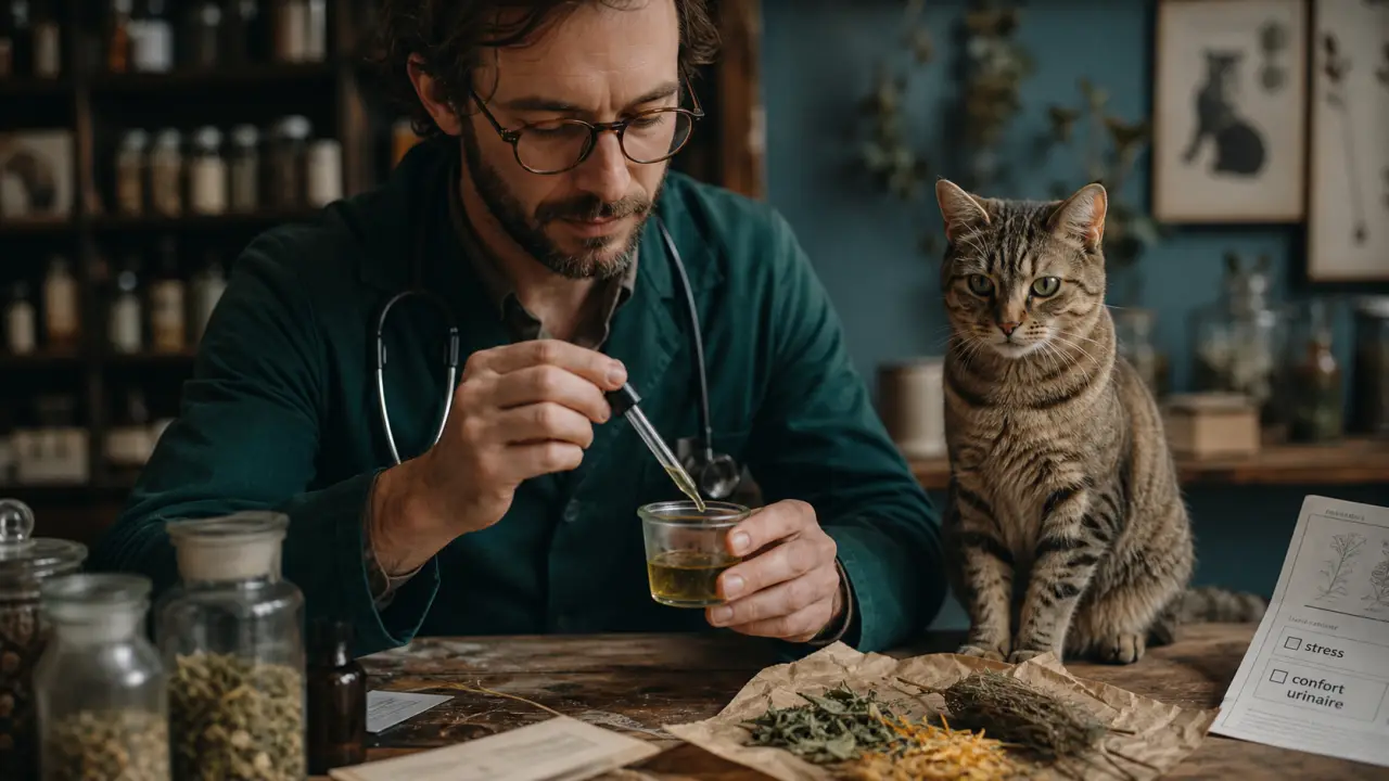 Phytothérapie pour chat : vétérinaire avec extrait de plantes, stress et confort urinaire