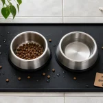 Tapis alimentation chien en silicone noir à bords relevés, gamelles et croquettes