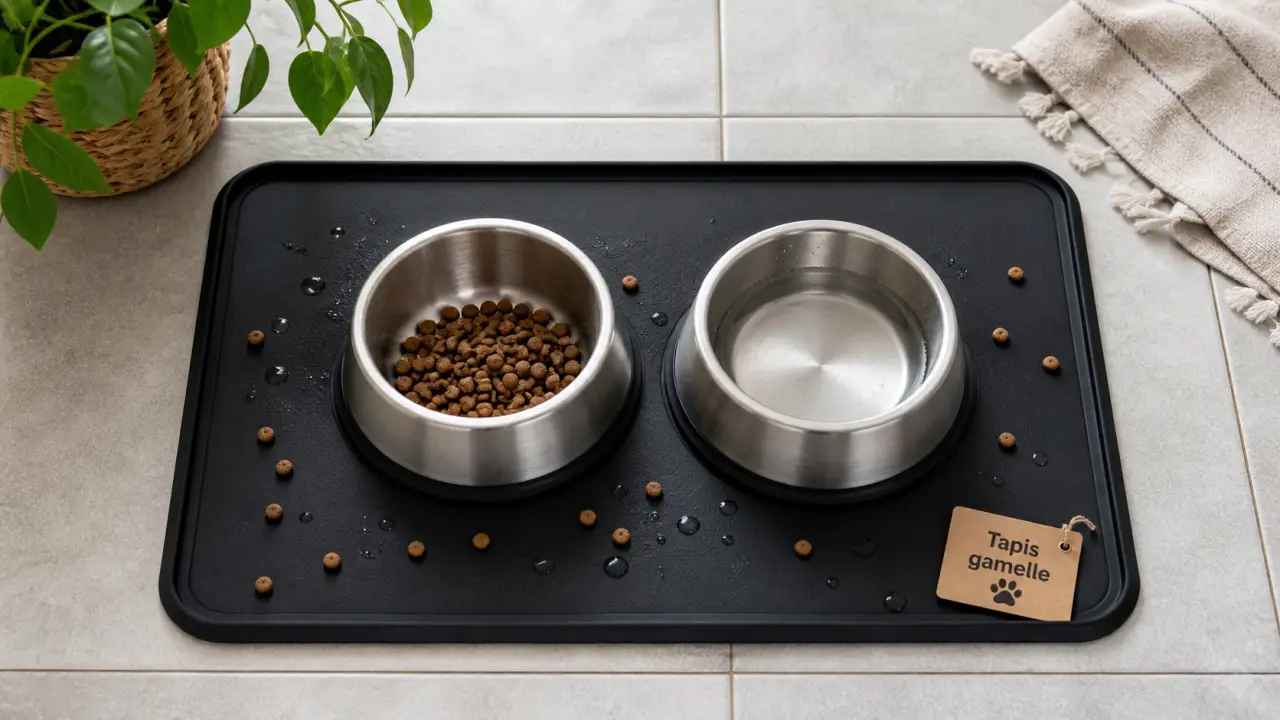 Tapis alimentation chien en silicone noir à bords relevés, gamelles et croquettes