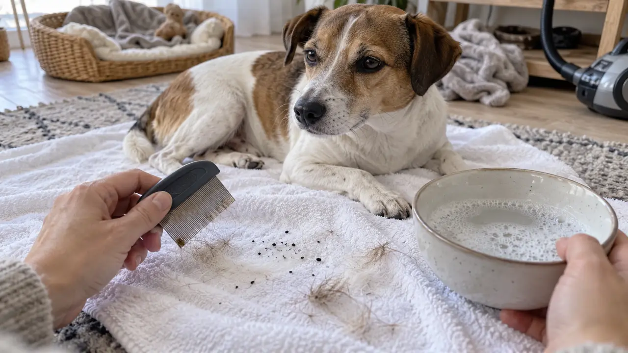 Anti puce naturel chien : peigne à puces sur pelage, grains de puces visibles