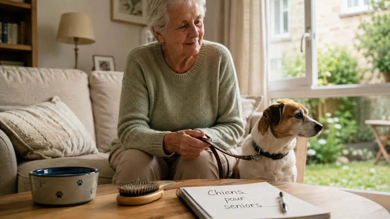 Chien pour personne agee : senior tenant la laisse d’un chien adulte facile à vivre