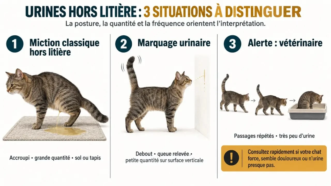 Mon chat fait pipi par terre toujours au même endroit : différence entre miction hors litière, marquage urinaire et urgence médicale