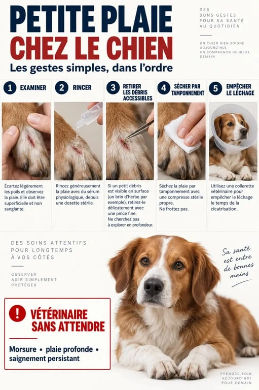 Étapes pour soigner une plaie de chien naturellement : rincer, sécher et protéger la blessure