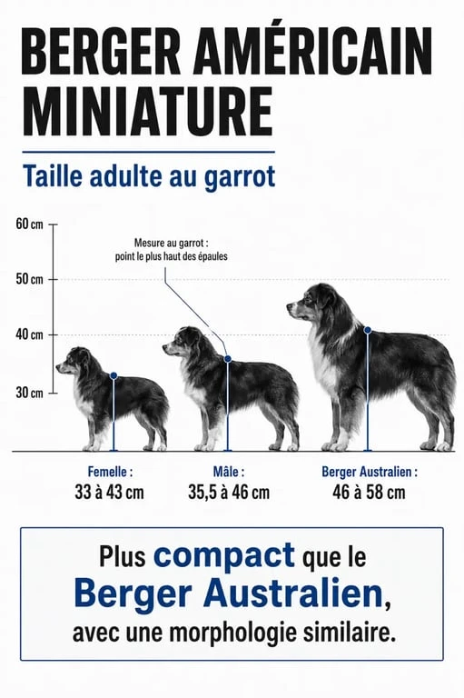 Berger americain miniature taille : infographie comparative des hauteurs adulte au garrot et du gabarit face au Berger Australien