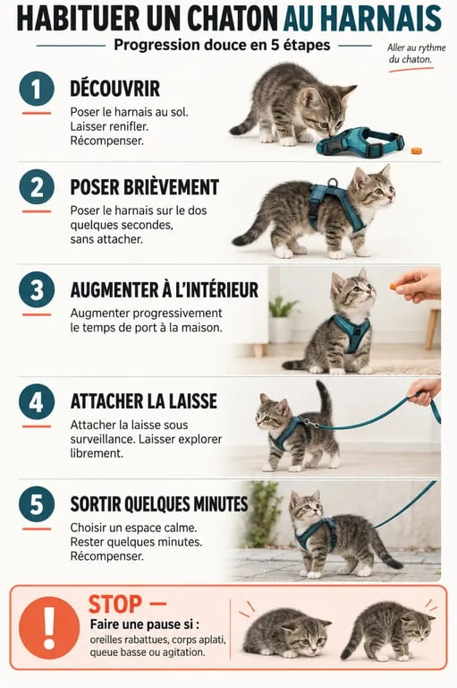 Étapes pour habituer un chaton à une laisse chaton et à son harnais
