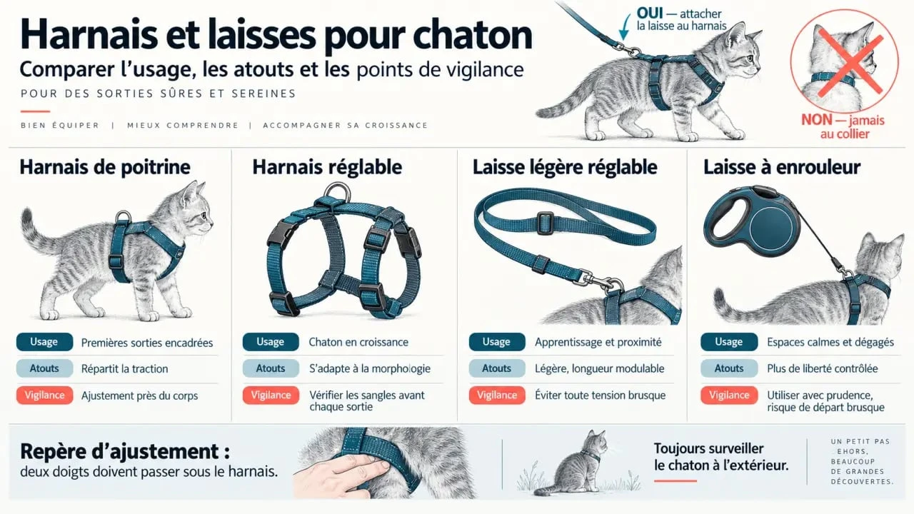 Comparaison des équipements d’une laisse chaton et d’un harnais adapté