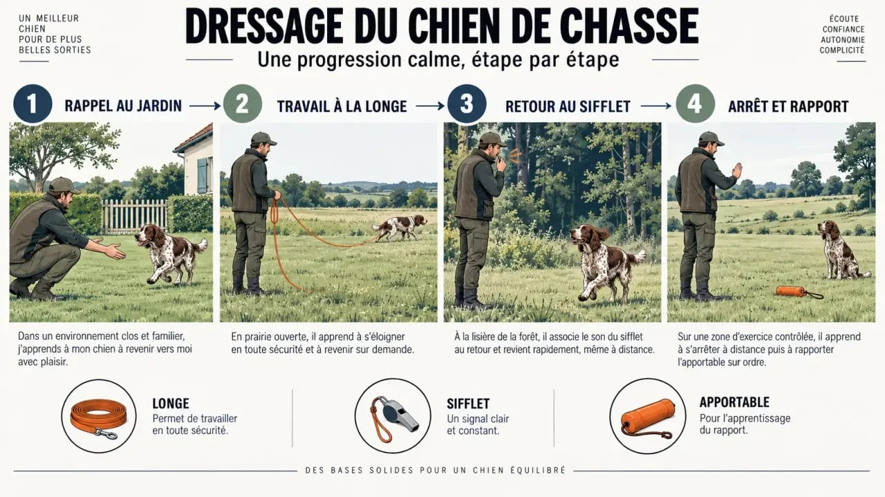 Progression du dressage chiens de chasse du rappel au travail à la longe et au rapport