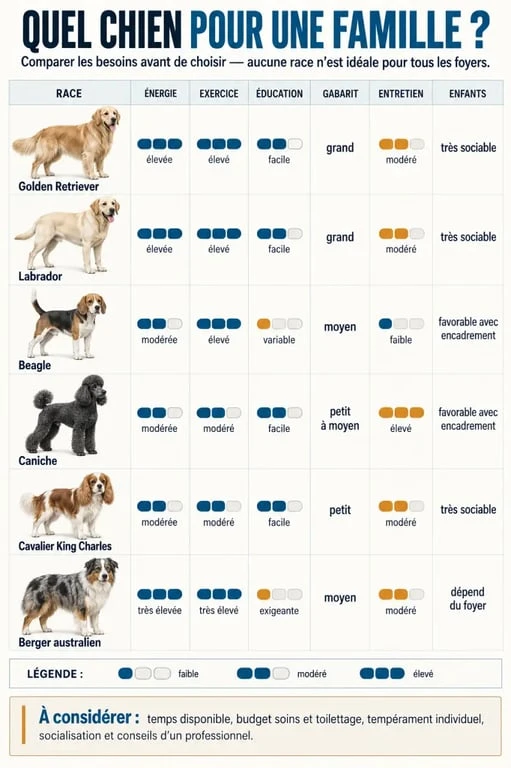 Infographie pour choisir la meilleure race de chien pour famille selon l’énergie, la taille et les besoins du foyer