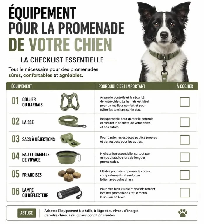 Checklist équipement pour promenade pour chien